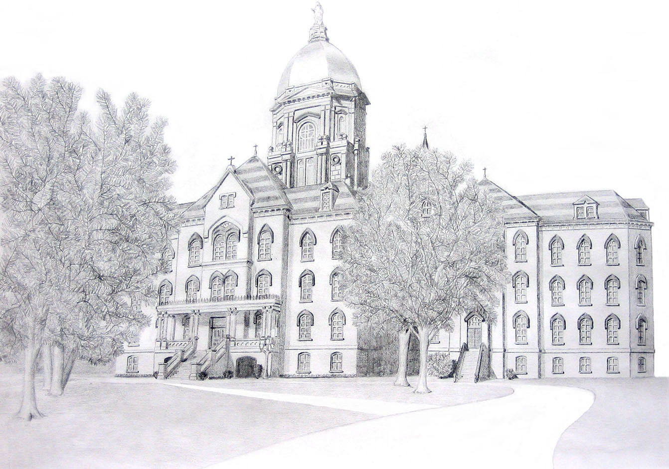 Pencil drawing of Notre Dame's golden dome