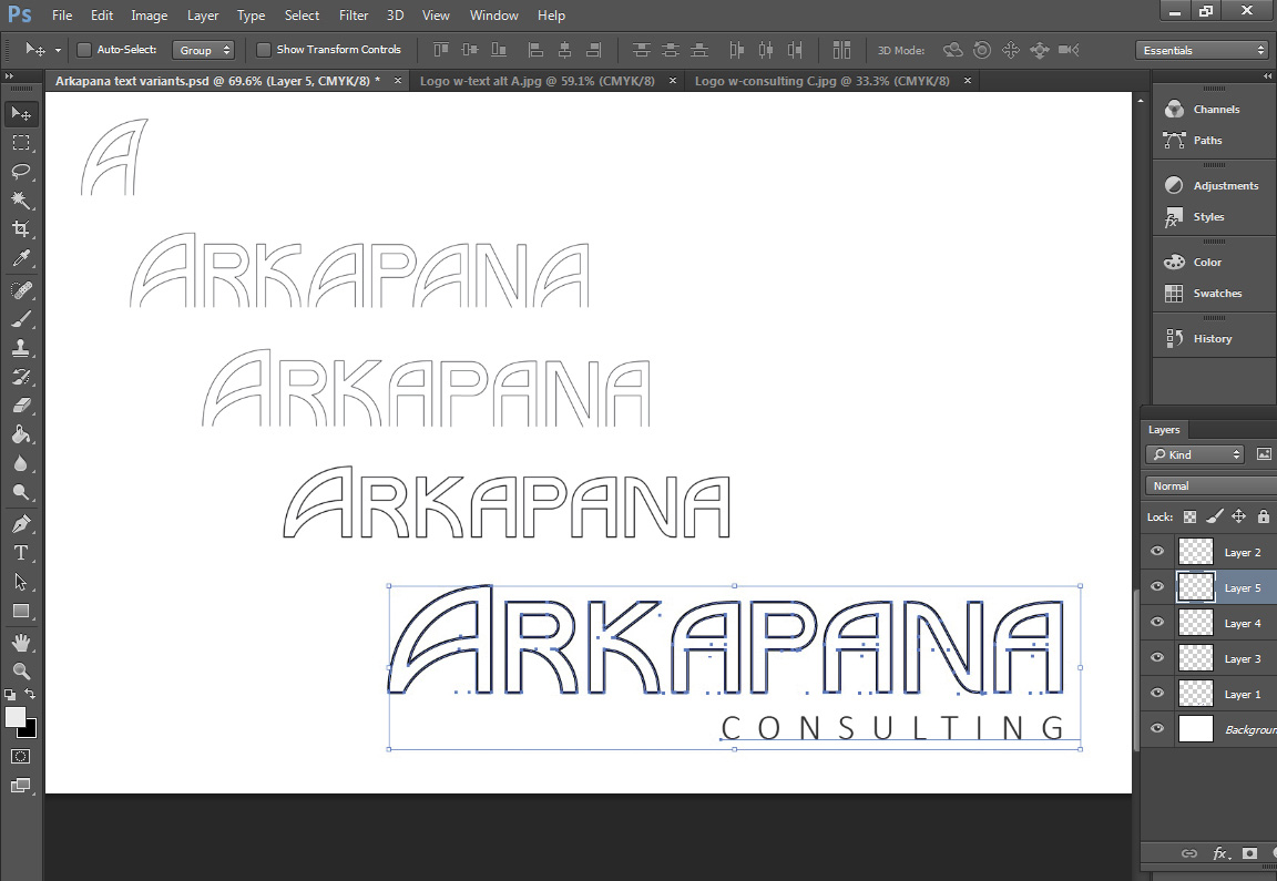 Illustrator screen with several custom typeface explorations