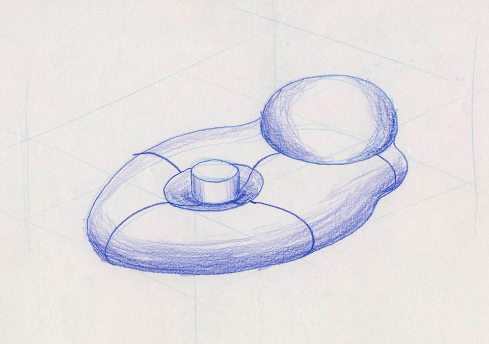 Shaded 3-dimensional sketch of early concept