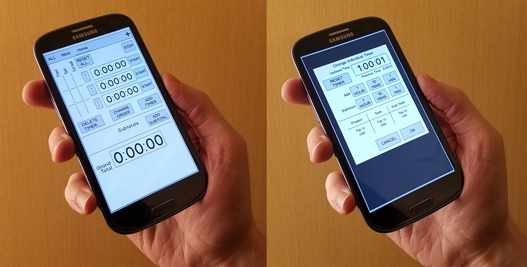 Smartphones in hand with two different mockups of timer app